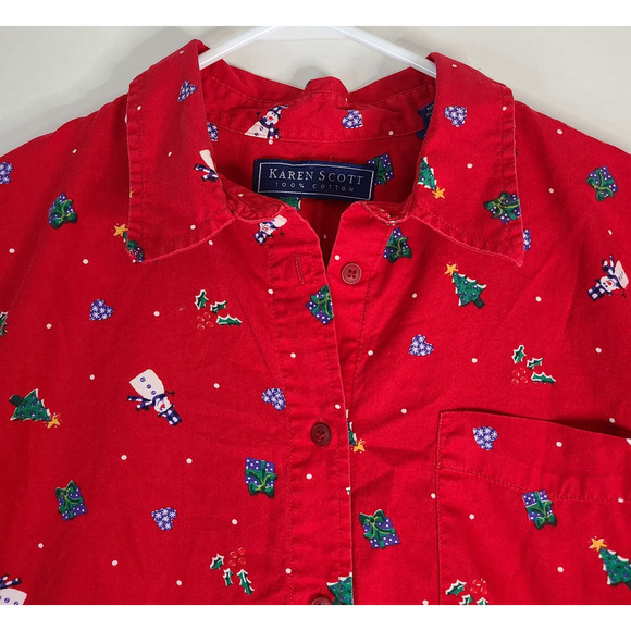 KAREN SCOTT Christmas Button Front Collared Shirt Large 100% Cotton Holiday Red - Picture 3 of 10